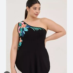 Torrid Black One Shoulder Top with Tropical Floral Design
